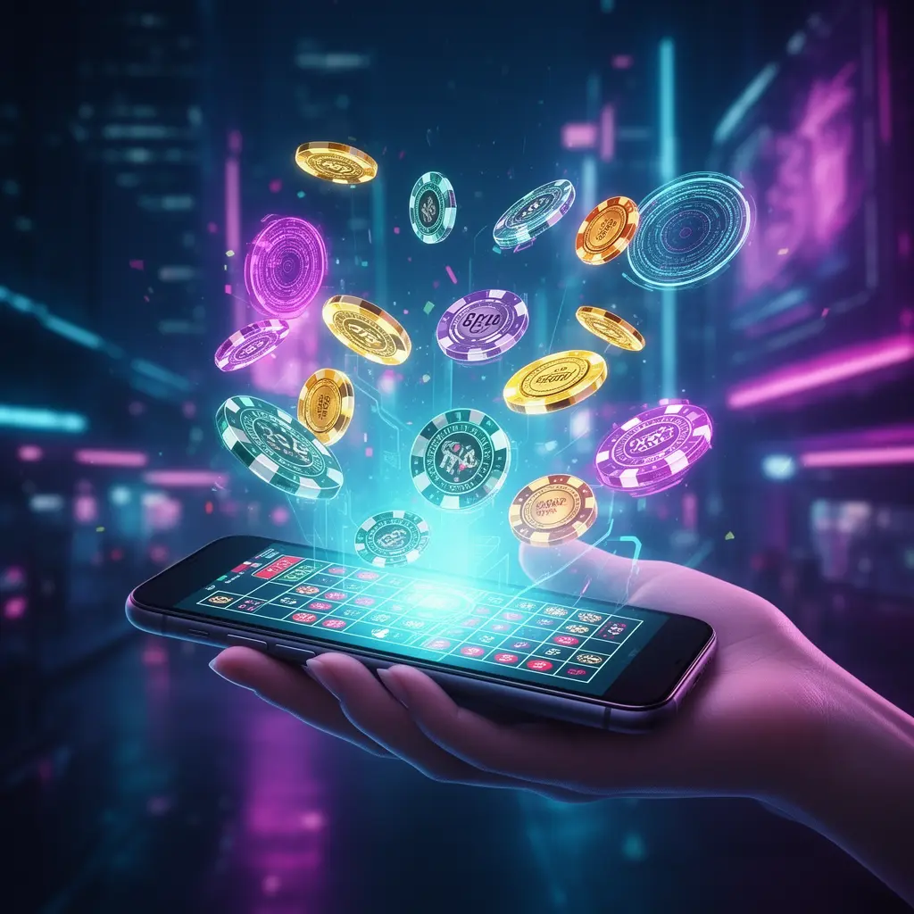 2888 COM App – A seamless and user friendly mobile casino experience Glowing casino chips rising from a smartphone with holographic slot reels above showcasing the immersive 2888 COM mobile casino app